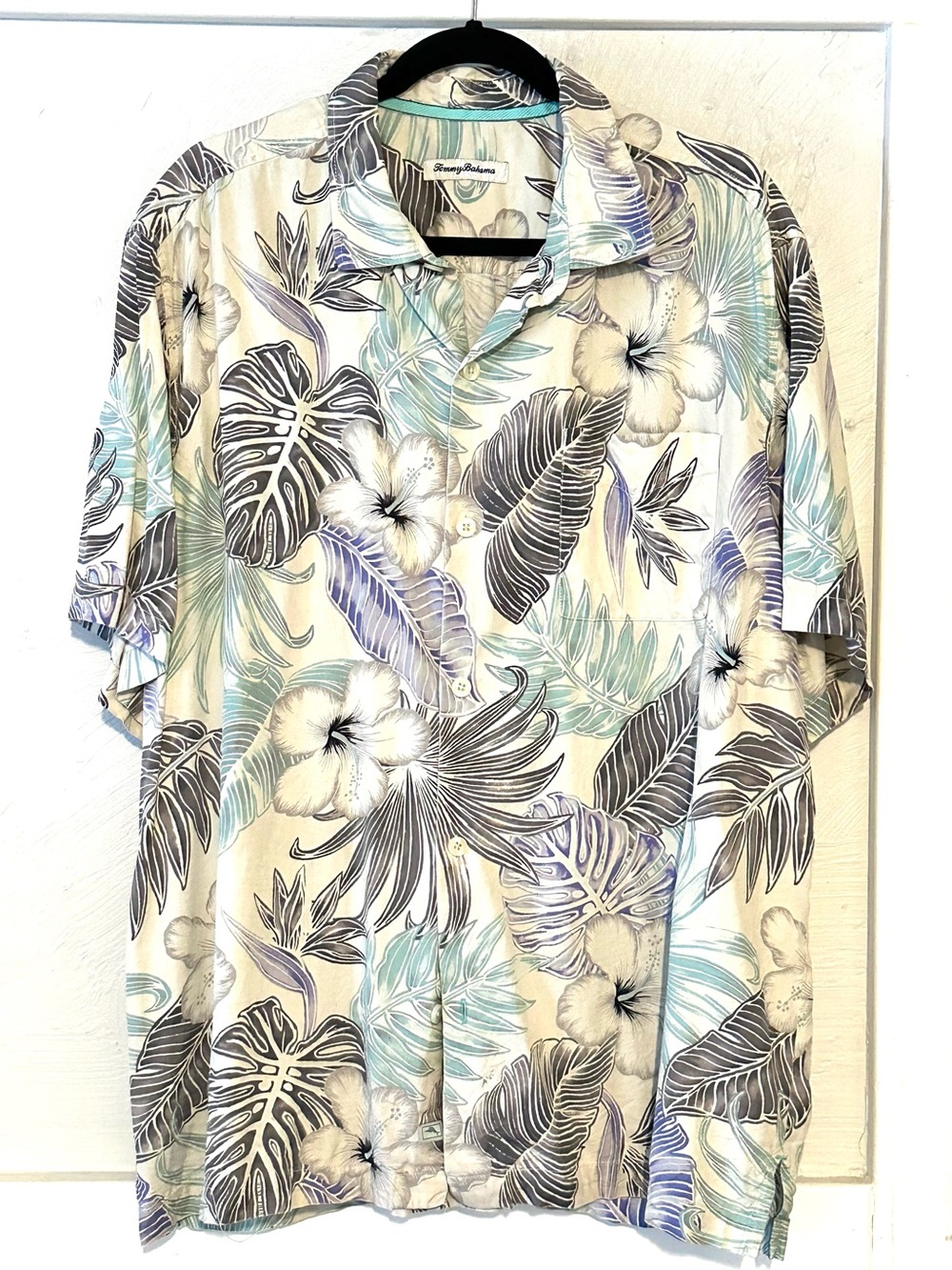 Tommy Bahama Cream Tropical Silk Blend Hawaiian Camp Shirt Men’s XLT Floral